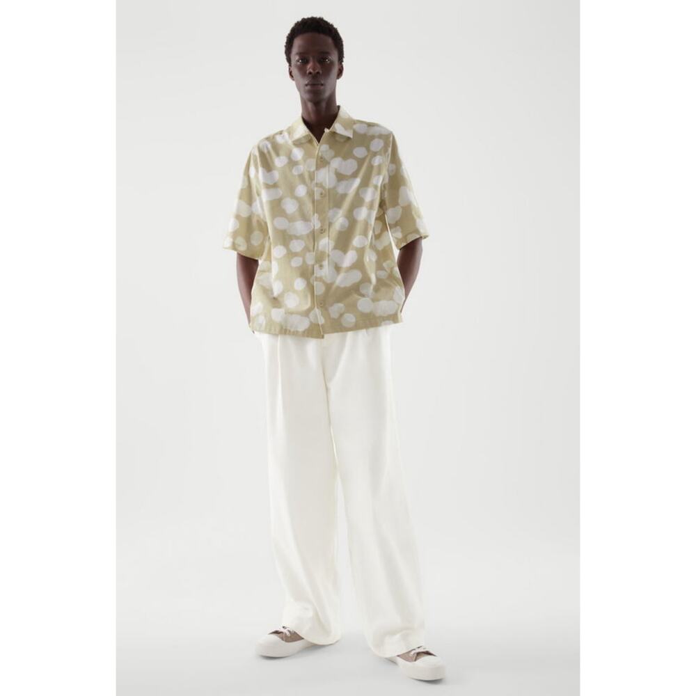 NWOT COS Shirt EU XL Relaxed-Fit Dot-Print Crinkle Pocket Button-Up Beige Cotton